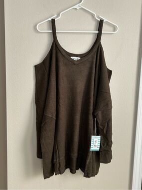 NWT Tulip B Waffle Knit Olive Brown Cold Shoulder Seam Detail Sweater Size XL